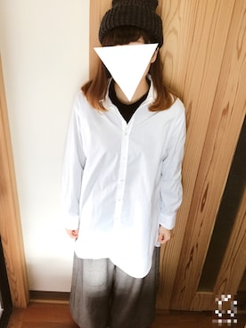 「ビッグシャツ」｜「アイテム（ニットキャップ/ビーニー）」を使った、kum!さん（レディース・160cm）の冬コーディネート