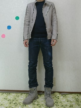 「A.P.C.」｜「アイテム（ライダースジャケット）」を使った、隼太さん（メンズ・166cm）の秋コーディネート