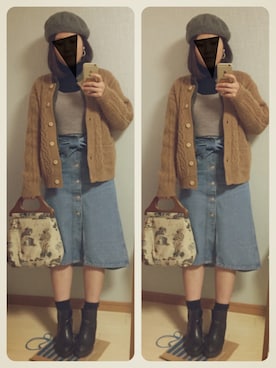 「ハイウエストスカート」｜「アイテム（ハンチング/ベレー帽）」を使った、かなもさん（レディース・163cm）の冬コーディネート