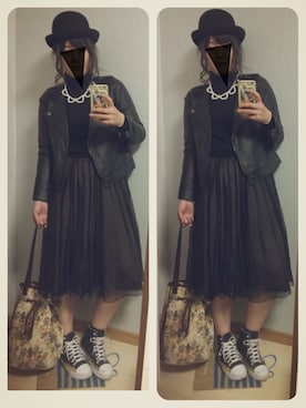 「ディナー」｜「アイテム（ライダースジャケット）」を使った、かなもさん（レディース・163cm）の春コーディネート