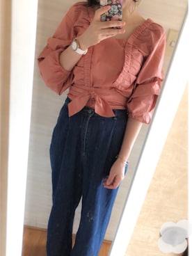 「MURUA（ムルーア）のスクエアネックボリュームブラウス（シャツ/ブラウス、ピンク系）」を使った、norikoさん（レディース・167cm）の夏コーディネート