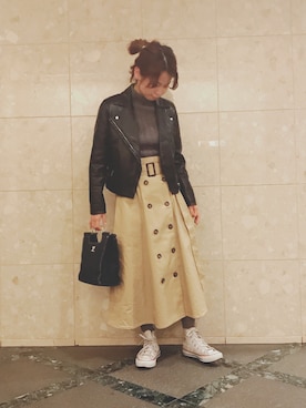 「トレンチスカート」｜「アイテム（ライダースジャケット）」を使った、エリンギさん（レディース・153cm）の冬コーディネート