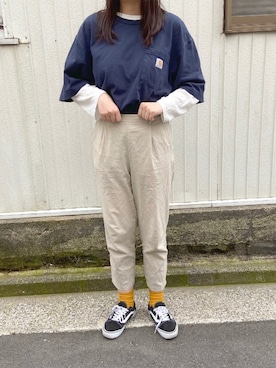 「GU（ジーユー）のアイテム（スラックス、ベージュ系）」を使った、YURIさん（レディース・170cm）の春コーディネート