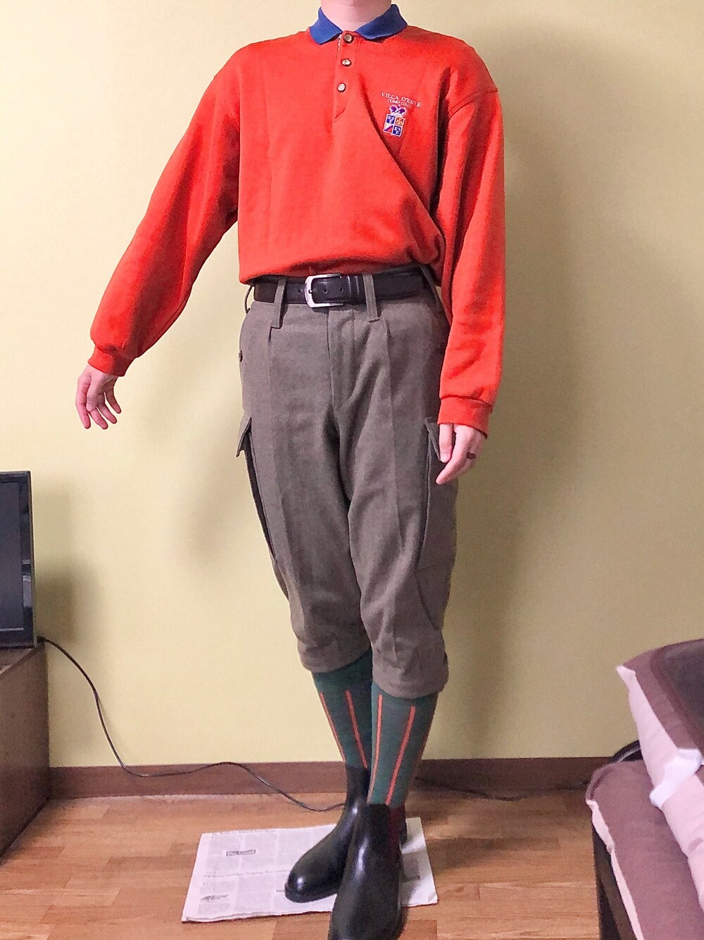 「低身長コーデ、冬、クロップドパンツ、今日のコーデ、古着、ミリタリー」｜「usedのアイテム（ポロシャツ、オレンジ系）」を使った、REoNさん（メンズ・168cm）の冬コーディネートの1枚目の写真