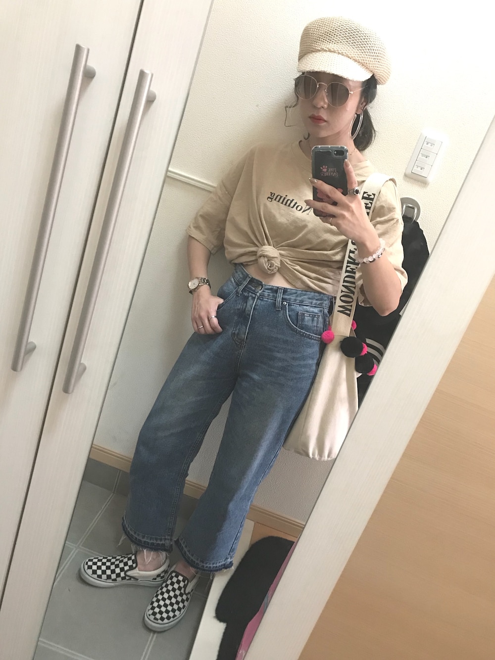 「夏コーデ、Tシャツ、デニム、Chuu、キャスケット、スリッポン、VANS、おしゃれさんと繋がりたい、沖縄」｜「Heatherのザツザイキャスケット　782394（キャスケット、ベージュ系）」を使った、 は  なさん（レディース・156cm）の夏コーディネートの1枚目の写真
