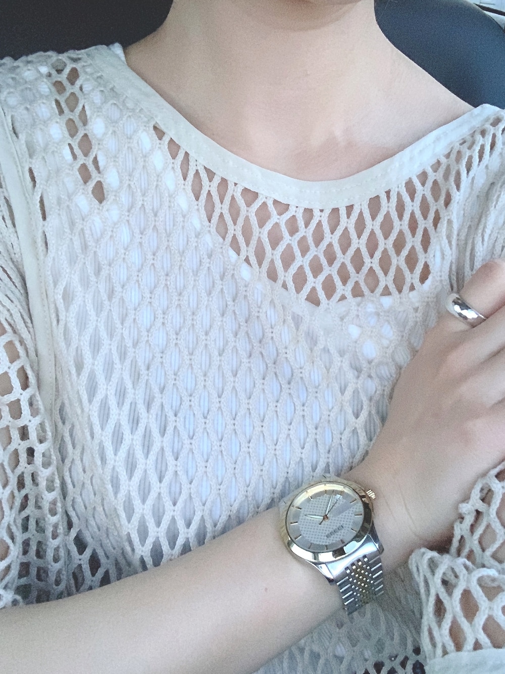 「夏コーデ、ootd、オトナカジュアル、メッシュ、アシメタンクトップ、JEANASiS、GUCCI、時計、沖縄」｜「JEANASISのアシメショルダータンク（トップス、ホワイト系）」を使った、 は  なさん（レディース・156cm）の夏コーディネートの1枚目の写真