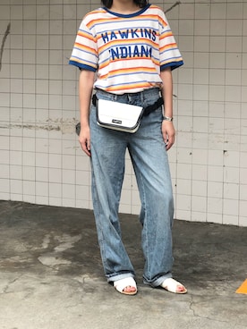 「UNIQLO（ユニクロ）のハイライズワイドストレートジーンズ（デニムパンツ）」を使った、まこさん（レディース・171cm）の夏コーディネート