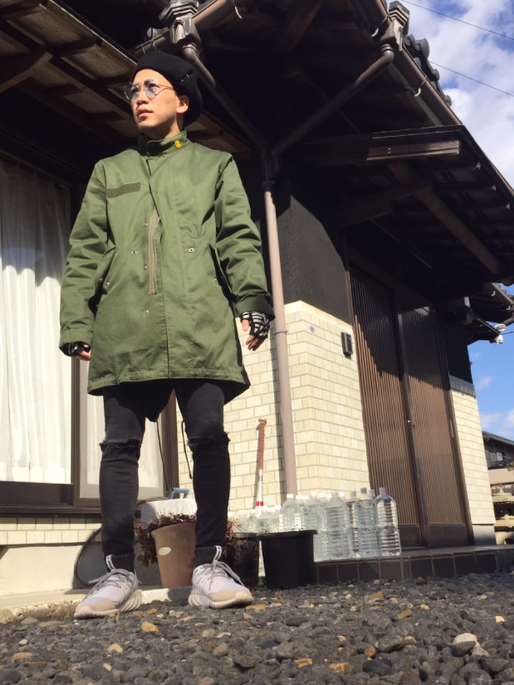 「モッズコート、WEGO、tubular doom、春コーデ、ベレー帽」｜「CA4LAのアイテム（ハンチング/ベレー帽、ブラック系）」を使った、だいきさん（メンズ・171cm）の春コーディネートの1枚目の写真