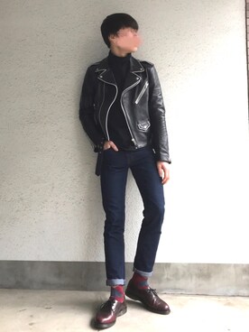 「JOHN LAWRENCE SULLIVAN（ジョンローレンスサリバン）のアイテム（ライダースジャケット）」を使った、みぶきちさん（メンズ・170cm）の冬コーディネート