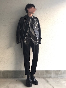 「JOHN LAWRENCE SULLIVAN（ジョンローレンスサリバン）のアイテム（ライダースジャケット）」を使った、みぶきちさん（メンズ・170cm）の冬コーディネート