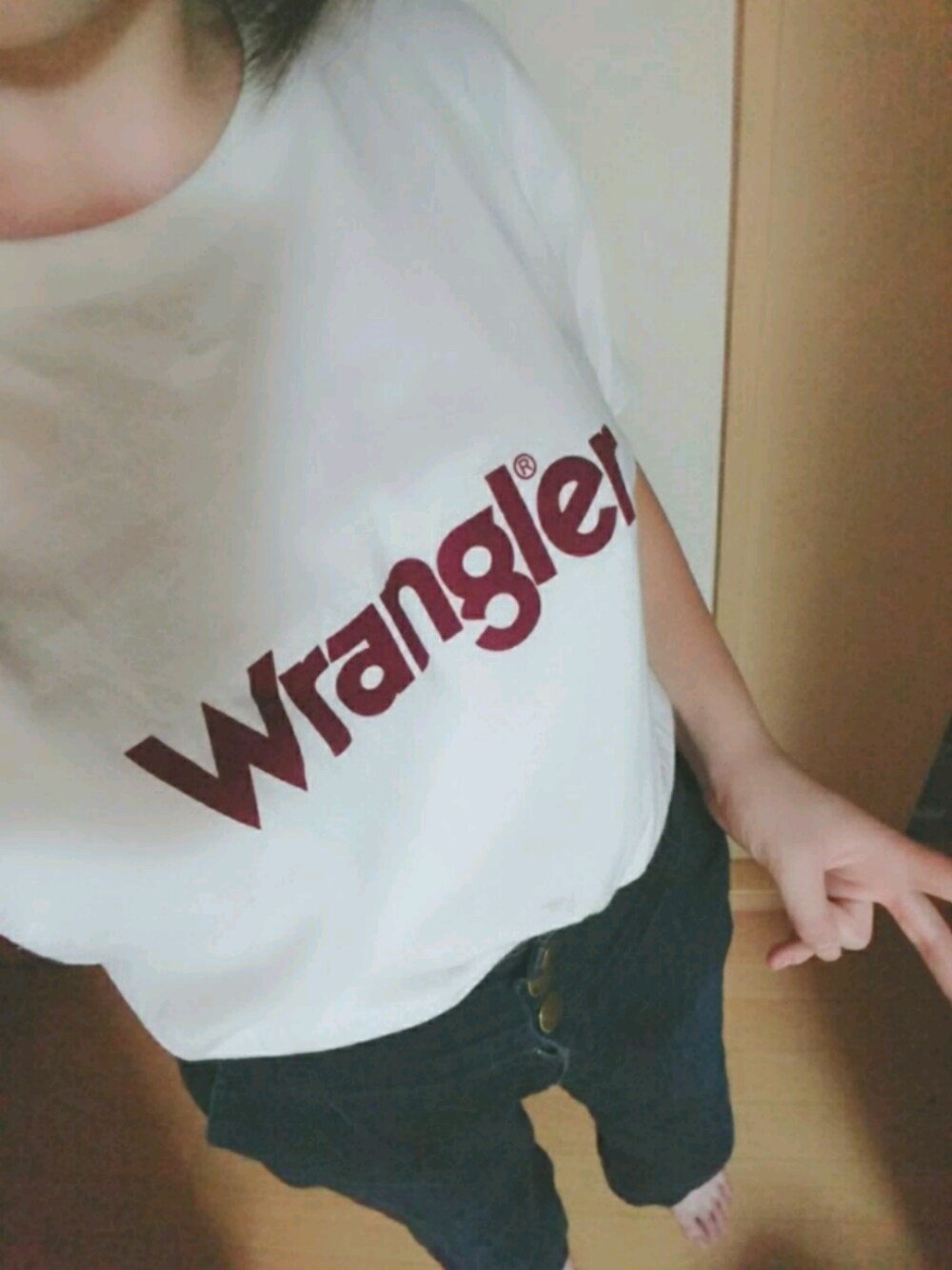 「シンプルコーデ、しまむら、Mac House、ハイウエストデニム、Wrangler」｜「Wranglerのアイテム（Tシャツ/カットソー、ホワイト系）」を使った、みみみさん（レディース・163cm）の夏コーディネートの1枚目の写真