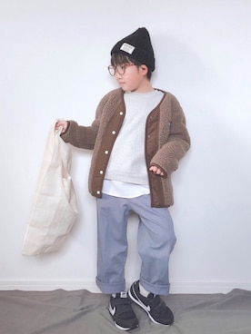 「西松屋（ニシマツヤ）のアイテム（ノーカラージャケット）」を使った、M&Kさん（キッズ・110cm）の冬コーディネート