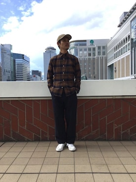 「JOURNAL STANDARD relume（ジャーナルスタンダード　レリューム）のインディゴパターンチェックシャツ#（Shirts、ベージュ系）」を使った、miyazakiさん（メンズ・175cm）の秋コーディネート