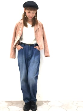 「アイテム（ライダースジャケット、ピンク系）」を使った、miho1314さん（レディース・158cm）の秋コーディネート
