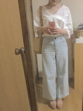 「MERCURYDUO（マーキュリーデュオ）のアイテム（デニムパンツ）」を使った、Yoshie Fujiuさん（レディース・155cm）の夏コーディネート