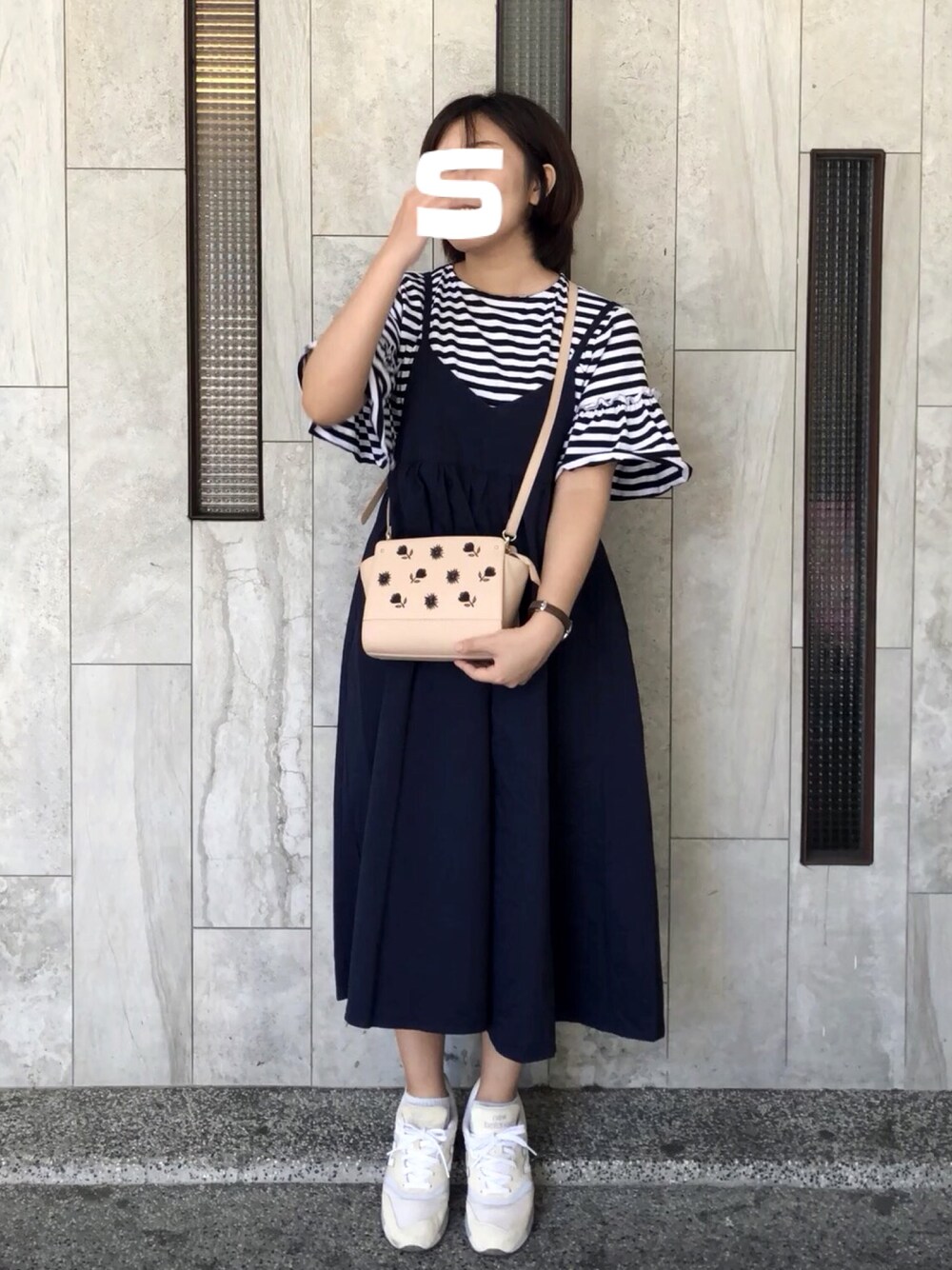 「New Balance、シンプルコーデ、ootd、大人ガーリー、blue、denim、GU、Queen shop、Fossil」｜「GUのアイテム（バッグ、ピンク系）」を使った、Luke&Stopnessさん（レディース・161cm）の夏コーディネートの1枚目の写真
