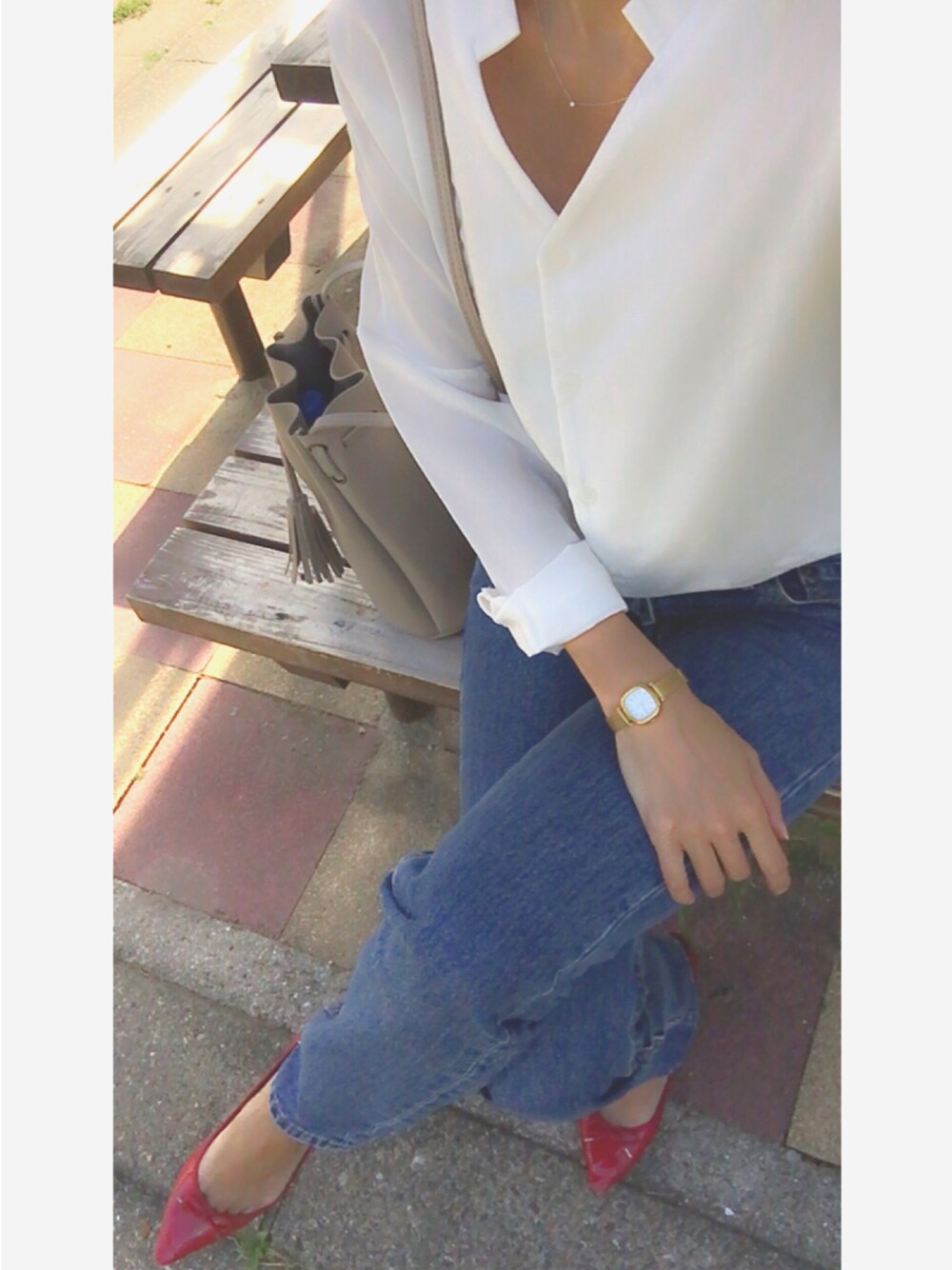 「デニム、カジュアルコーデ、シャツスタイル、dholic、GU、MARC BY MARC JACOBS、agete、Levi's」｜「ageteのK10ネックレス（ネックレス、ゴールド系）」を使った、I am Yさん（レディース・168cm）の春コーディネートの1枚目の写真