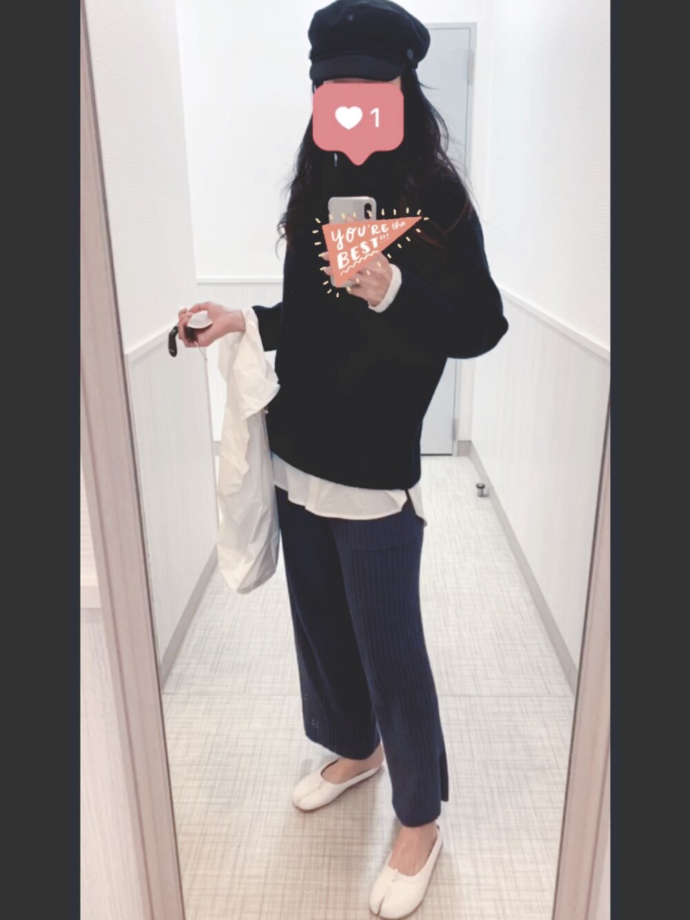 「オトナカジュアル、秋冬コーデ、プチプラ、GU、ZARA、ZARA KIDS、ネイビー、ニット」｜「ZARA KIDSのアイテム（キャスケット、ブラック系）」を使った、I am Yさん（レディース・168cm）の秋コーディネートの1枚目の写真