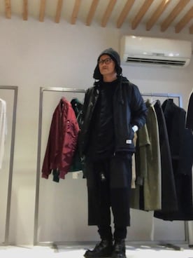 「Yohji Yamamoto（ヨウジヤマモト）のアイテム（ニットキャップ/ビーニー）」を使った、yst(不定期)さん（メンズ・172cm）の冬コーディネート