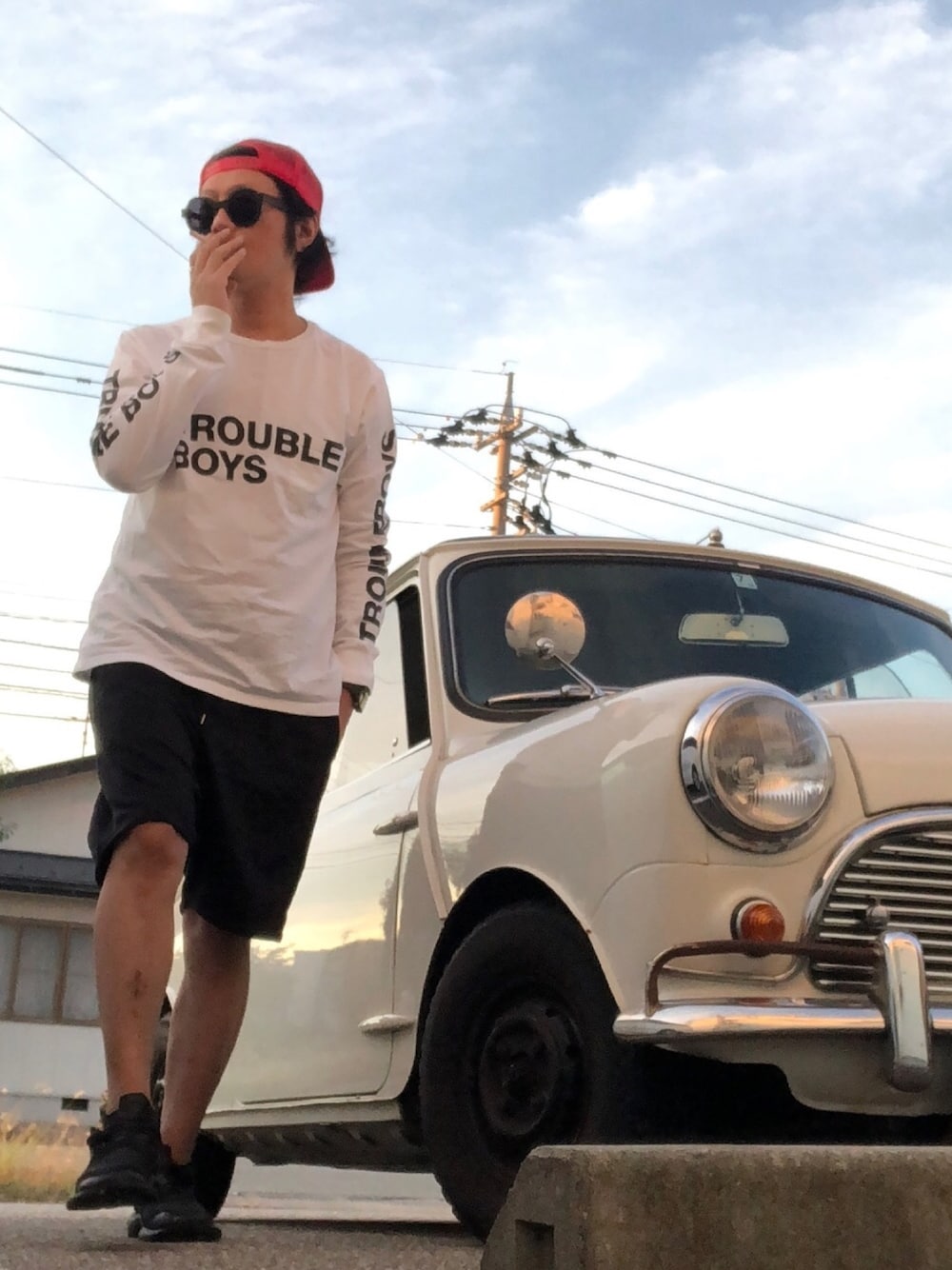 「おしゃれさんと繋がりたい、相互フォロー、LOW JACK DESIGN、Soloist、yohji yamamoto pour homme、Y-3、Sise、yohjiyamamoto、ショートパンツ、ロンT」｜「LOW JACK DESIGNのアイテム（キャップ、レッド系）」を使った、yst(不定期)さん（メンズ・172cm）の秋コーディネートの1枚目の写真