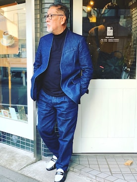 「ALMOST（オルモスト）のアイテム（ノーカラージャケット）」を使った、近藤　昌さん（メンズ・172cm）の冬コーディネート
