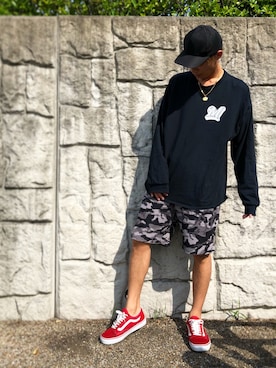 「STAMPD（スタンプド）のアイテム（帽子）」を使った、すがっちさん（メンズ・181cm）の夏コーディネート