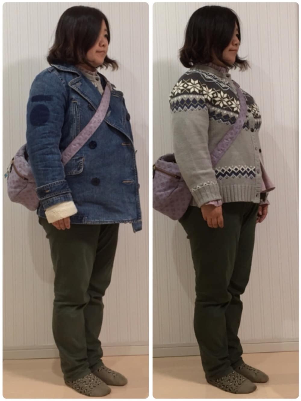 「カジュアルコーデ、パンツスタイル、スニーカー、ショルダーバッグ、カーキ、ニットカーディガン」｜「minneのアイテム（ピアス（両耳用）、ゴールド系）」を使った、はななさん（レディース・150cm）の春コーディネートの1枚目の写真