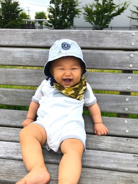 「アイテム（スタイ/よだれかけ、グリーン系）」を使った、あさしさん（キッズ・60cm）の夏コーディネート