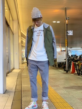 「アイテム（ミリタリージャケット）」を使った、AKKIIさん（メンズ・182cm）の秋コーディネート