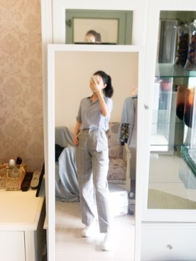 「アイテム（スーツパンツ、シルバー系）」を使った、claire酱さん（レディース・162cm）の夏コーディネート