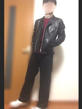 「ベロア」｜「アイテム（ライダースジャケット）」を使った、かなたさん（メンズ・171cm）の冬コーディネート