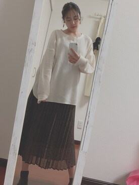 「Right-on（ライトオン）のアイテム（ニット/セーター、ホワイト系）」を使った、yuuchoonさん（レディース・157cm）の秋コーディネート