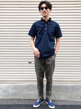 「アイテム（モカシン/デッキシューズ）」を使った、若葉のころ　古田敬一さん（メンズ・180cm）の夏コーディネート