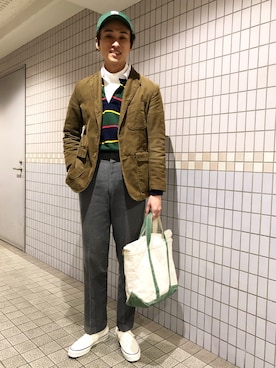 「ラガーシャツ」｜「アイテム（スラックス）」を使った、若葉のころ　古田敬一さん（メンズ・181cm）の冬コーディネート