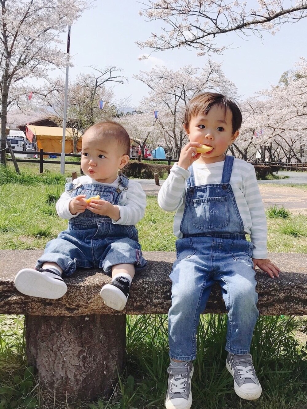 「キッズコーデ、キッズファッション、男の子、リンクコーデ、ボーダートップス、オーバーオール、春コーデ、converse、スニーカー、シンプルコーデ」｜「PUMAのコートフレックス メッシュ インファント (KIDS)（スニーカー、ブラック系）」を使った、aoharu さん（キッズ・90cm）の春コーディネートの1枚目の写真