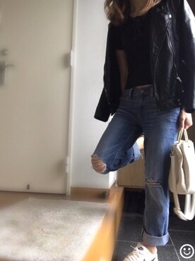 「ラフスタイル」｜「アイテム（ライダースジャケット）」を使った、ruri＊さん（レディース・156cm）の秋コーディネート