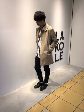 「LAKOLE（ラコレ）のアイテム（ステンカラーコート）」を使った、LAKOLE MENSさん（メンズ・175cm）の春コーディネート