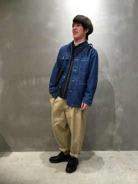 「サックスブルー」｜「アイテム（デニムジャケット）」を使った、LAKOLE MENSさん（メンズ・174cm）の春コーディネート