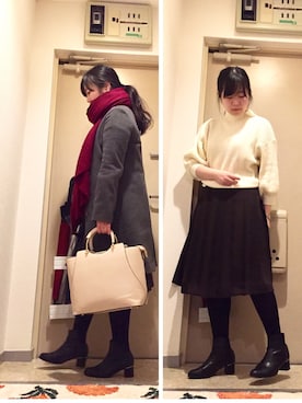 「赤マフラー」｜「アイテム（その他アウター）」を使った、mikiさん（レディース・158cm）の秋コーディネート