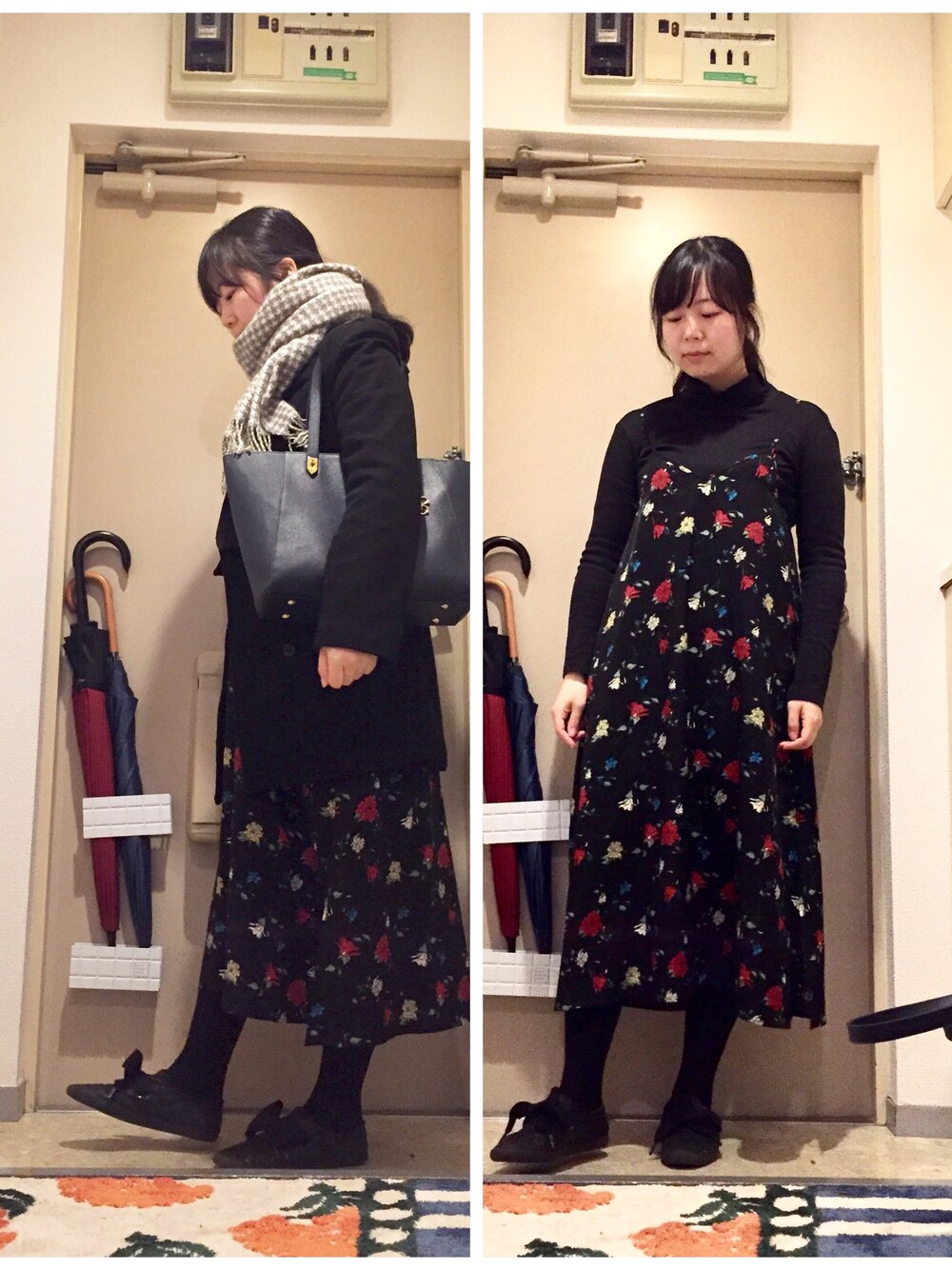 「通勤コーデ、タートルネック、ワンピース、花柄、花柄ワンピース、キャミソールワンピ、スニーカー、リボンスニーカー、adidas、ぽっちゃり」｜「no brandのアイテム（Tシャツ/カットソー、ブラック系）」を使った、mikiさん（レディース・158cm）の冬コーディネートの1枚目の写真