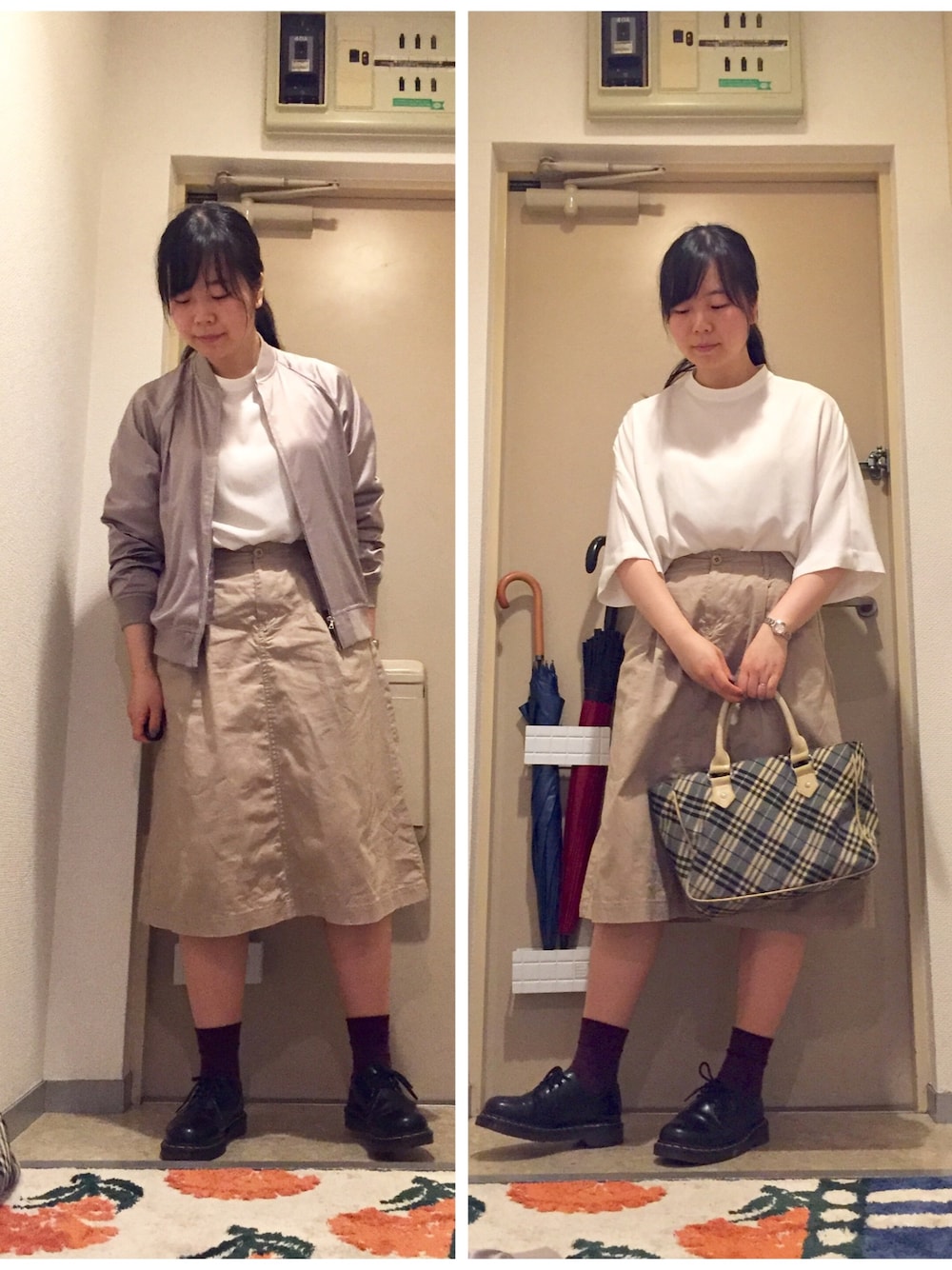 「とろみシャツ、プチハイネック、首つまり、台形ｽｶｰﾄ、チノスカート、ブルゾン、サテンブルゾン、エンジ色、Dr.Martens、通勤コーデ」｜「UNIQLOのアイテム（シャツ/ブラウス、ホワイト系）」を使った、mikiさん（レディース・158cm）の夏コーディネートの1枚目の写真