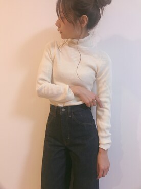 「UNIQLO（ユニクロ）のハイライズワイドストレートジーンズ（デニムパンツ）」を使った、ai...さん（レディース・160cm）の冬コーディネート
