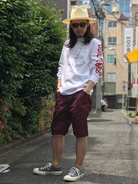 「アイテム（チノパンツ、レッド系）」を使った、Junpeiさん（メンズ・165cm）の春コーディネート