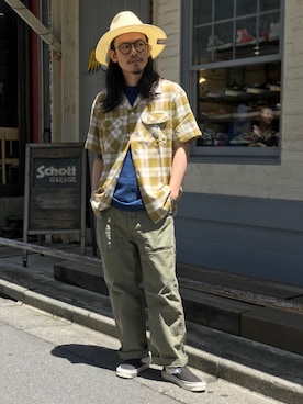 「Schott（ショット）のアイテム（カーゴパンツ）」を使った、Junpeiさん（メンズ・165cm）の夏コーディネート