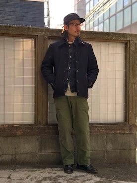 「Schott（ショット）のアイテム（カーゴパンツ）」を使った、Junpeiさん（メンズ・165cm）の冬コーディネート