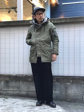 「schott(ショット)のアイテム(キャップ)」を使った、Junpeiさん(メンズ・165cm)の冬コーディネート