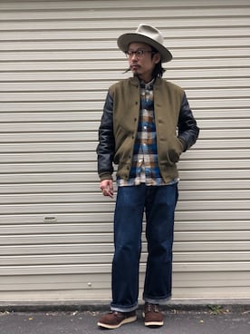 「ネルシャツ」｜「アイテム（スタジャン）」を使った、Junpeiさん（メンズ・165cm）の冬コーディネート