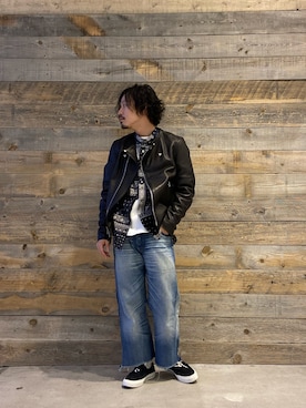 「バンダナ」｜「アイテム（ライダースジャケット）」を使った、Junpeiさん（メンズ・165cm）の冬コーディネート