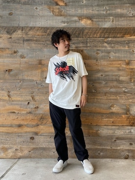 「schott（ショット）のSchott/ショット/SCRIBBLE T-SHIRT（Tシャツ/カットソー）」を使った、Junpeiさん（メンズ・165cm）の夏コーディネート