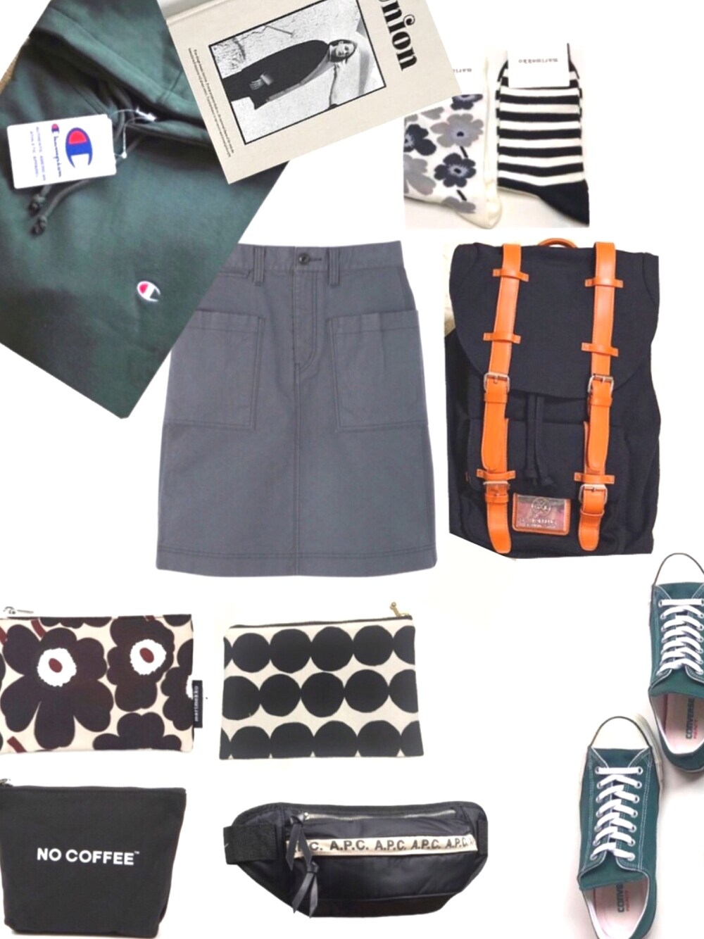 ブラック系のバックパック/リュック、グリーン系のスウェット、グリーン系のスニーカーを着用したレディースの秋コーディネートの1枚目の写真